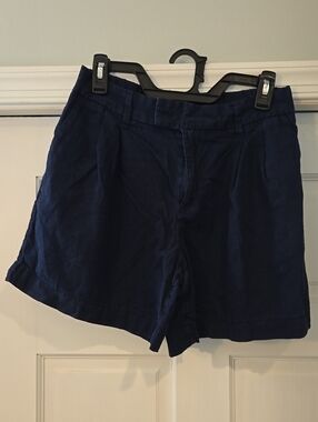 Classic Womens Navy Pleated High-Rise Linen Blend Shorts